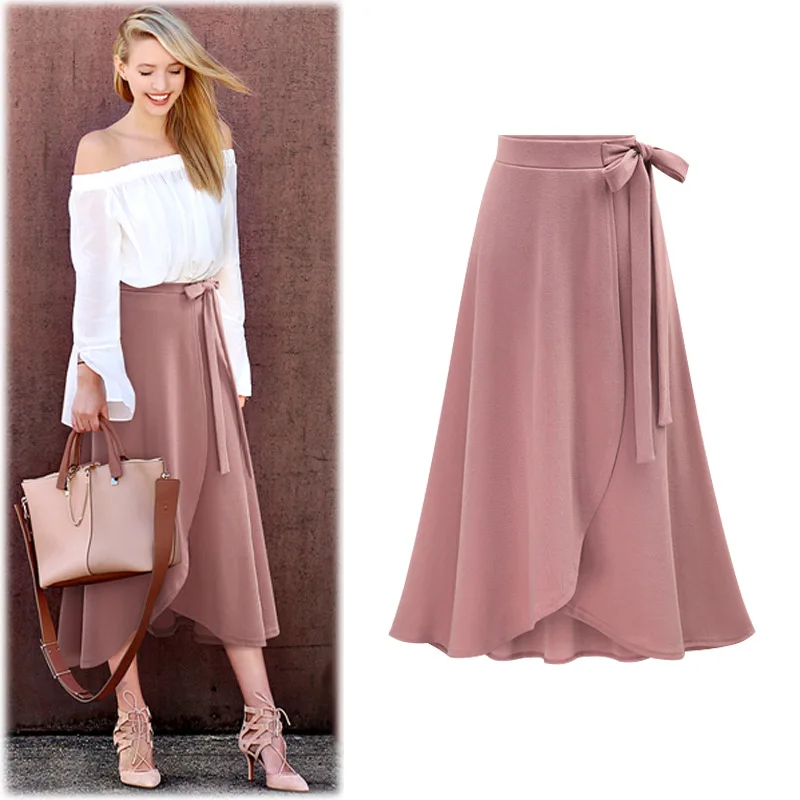 

European and American large size mid-length lace-up skirt female autumn new style high waist irregular skirt split skirt