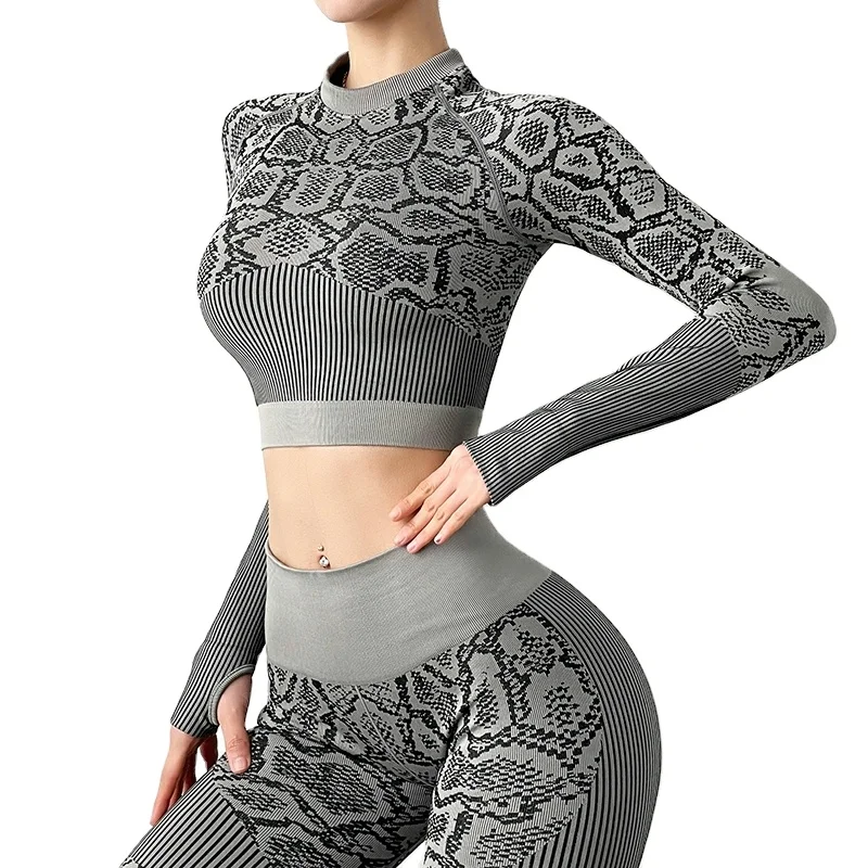 

Women Energy Seamless Gym Suits Long Sleeve Cropped Shirts High Waist Leggings 2 Pcs Snake Pattern Knitted Yoga Sets, Blue pink yellow green