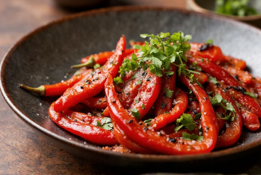 Grilled shashito peppers served in traditional Japanese dish with sea salt