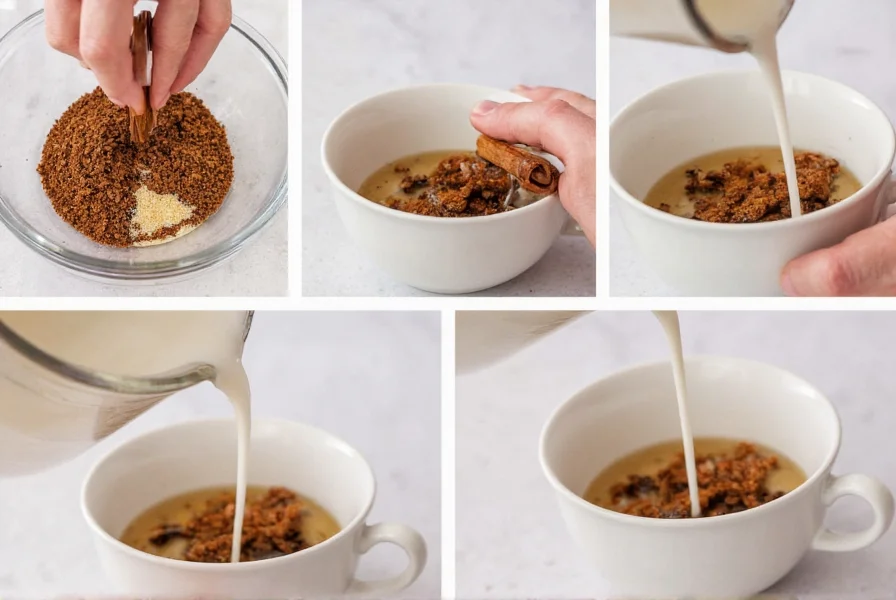 Step-by-step preparation of cinnamon milk tea with loose leaf tea, showing loose tea leaves, cinnamon sticks, and milk being poured into a teacup
