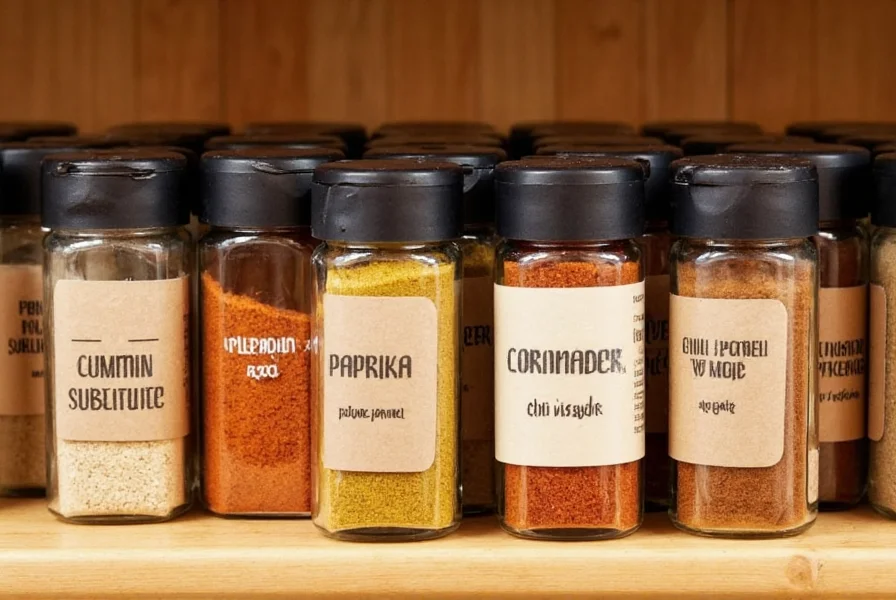 Spice jars arranged on wooden shelf with labels for cumin substitutes including paprika, coriander, and chili powder