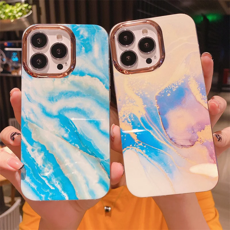 

Luxury Watercolor Marble Phone Case For iPhone 13 12 Pro Max, Marbling Design Silicone Cover Plating Frame Fundas For iPhone 13