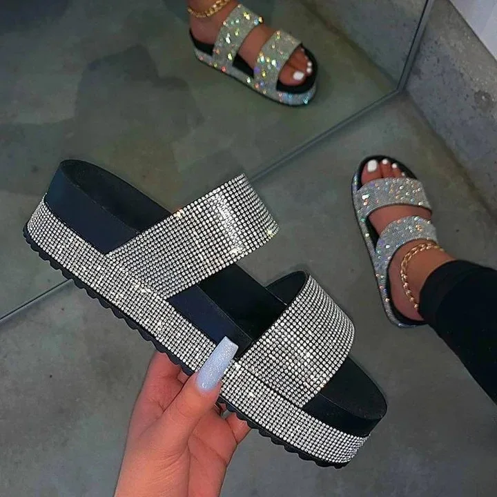 

Shining Rhinestone Rainbow Open Toe Slip On Platform Slippers sandals