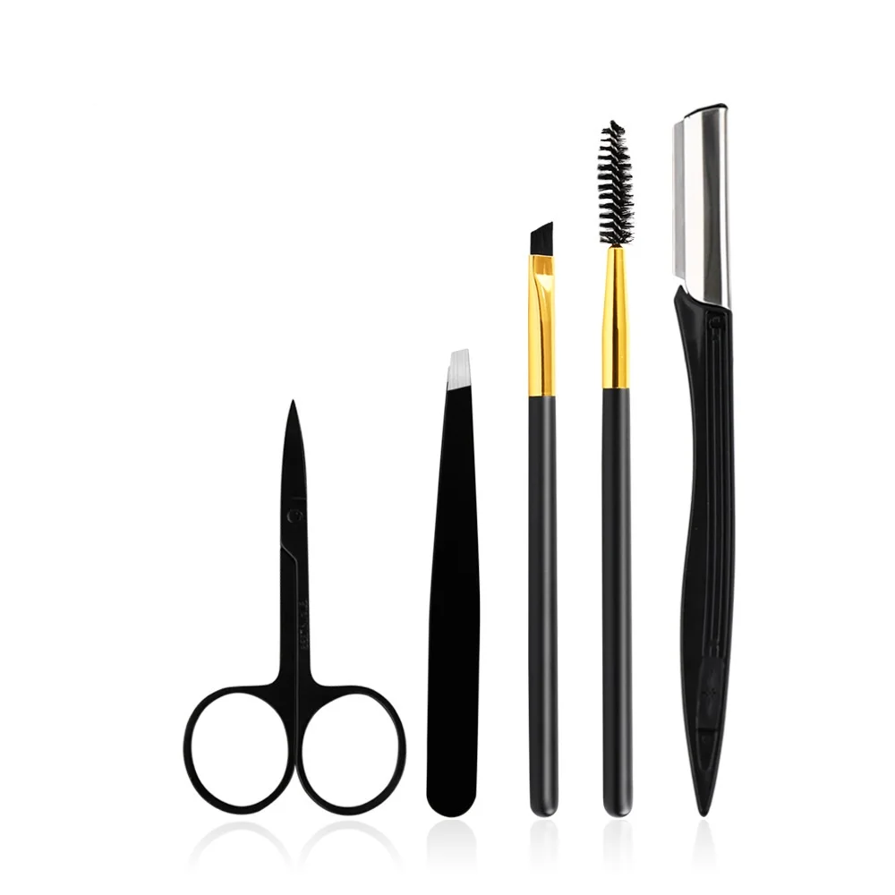 

5pcs Eyebrow Trimming Tool Practical Stainless Steel Portable Trimming Set Eyebrow Grooming Shaping Kit, Black