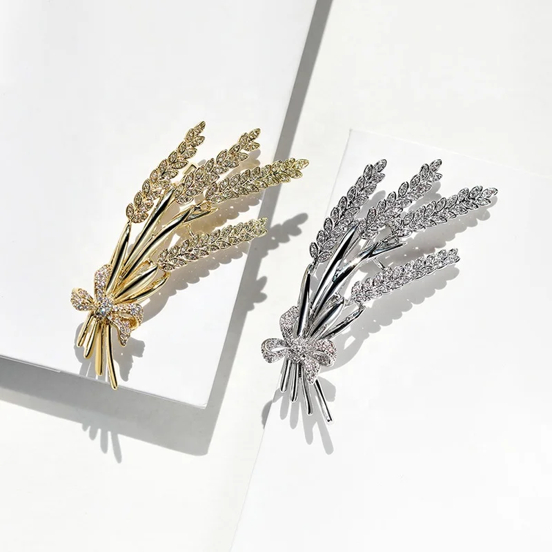 

Wheat Ear Bowknot Fashion Brooch High Grade Copper Inlaid Zircon Brooch Unisex Temperament Brooch, Golden/silver