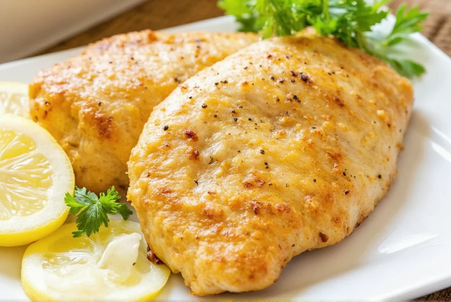 Perfectly cooked lemon pepper chicken breast with golden crust on white plate with lemon slices and fresh herbs