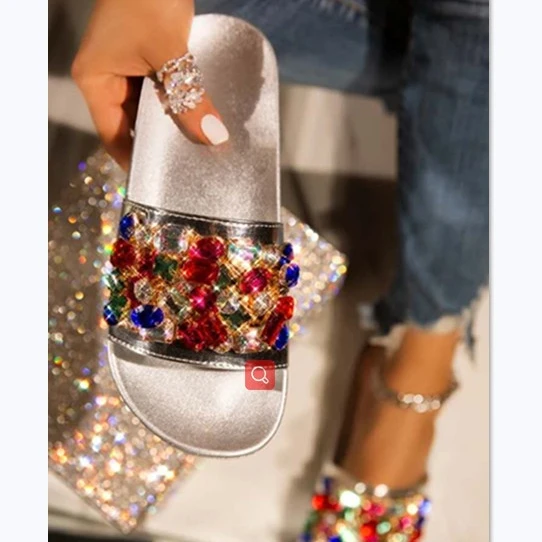 

Summer 2020 New Product Trade Flat Round Head Women Slippers With Diamond Large Size Lady's Slippers Female, 3 colors as picture or customized