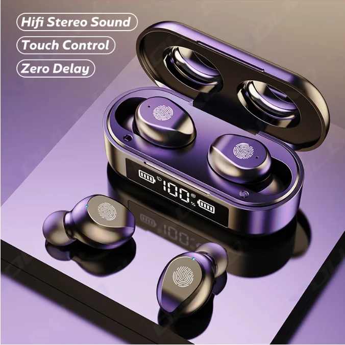 

F9-6 TWS Wireless Headphones Sports Waterproof Earbuds Earphone With Microphone Touch Control 9D HiFi Headset, Black