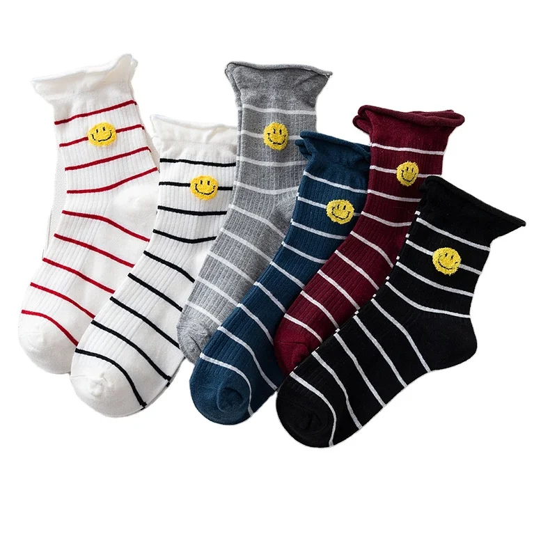

Wholesale loose smiley face socks ladies striped cotton socks women, Picture shown