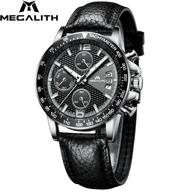 MEGALITH hot sale date calendar male clock leather strap chronograph waterproof chronograph sport luminous casual watch men
