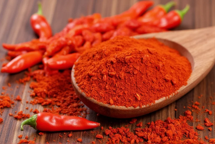 Various spice jars including sweet paprika arranged on wooden kitchen counter