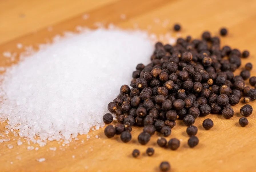 Close-up photograph showing salt crystals and whole black peppercorns side by side on a wooden cutting board