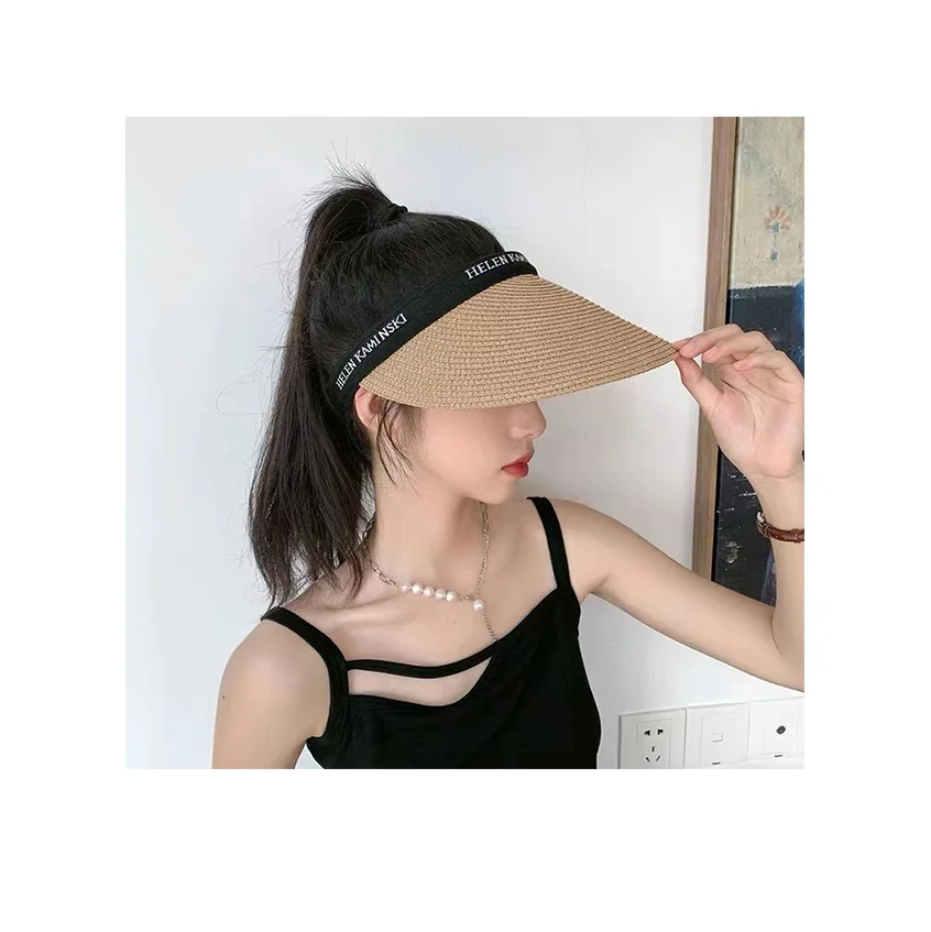 

Summer Empty Top Black Large Brim Luxury Beach Straw Visor Hat Cap With Custom Color Logo