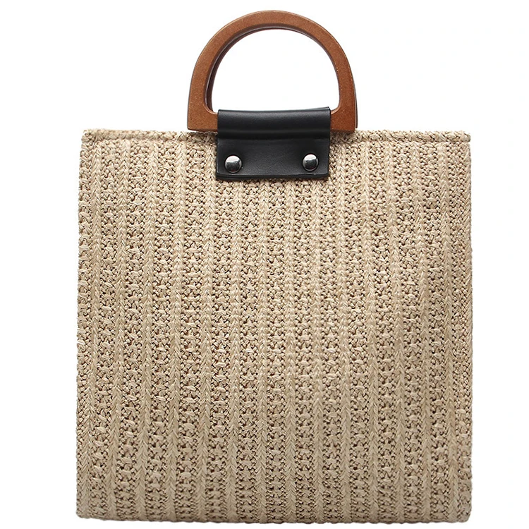 

Custom wooden top handle design ladies straw woven beach tote bag trendy women crossbody handbag