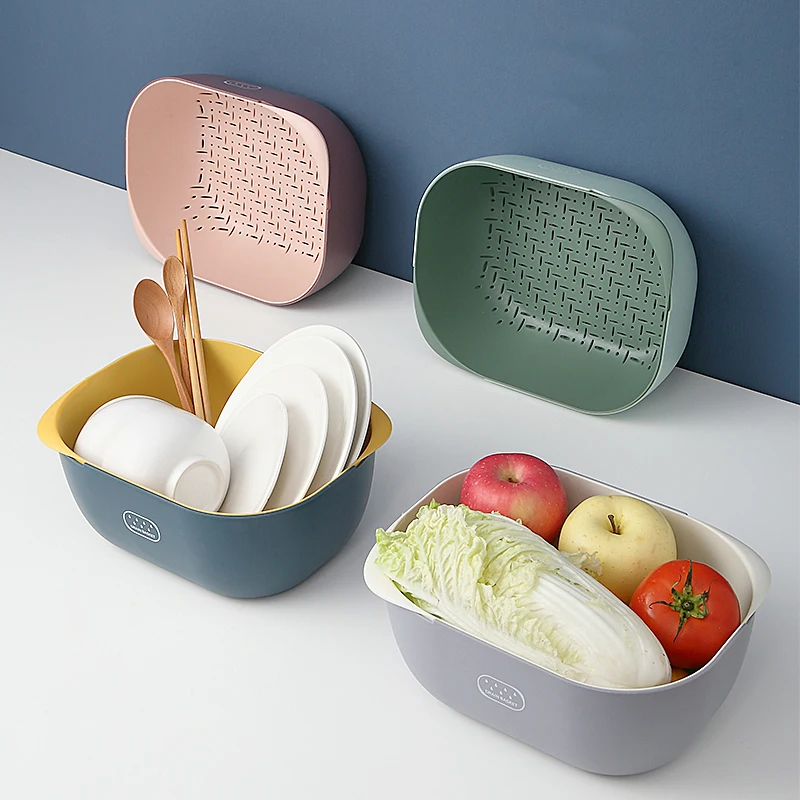 

Wholesale Hight Quality Kitchen supplies double layer vegetables and fruit drain storage basket washing and cleaning tools, 4 colors