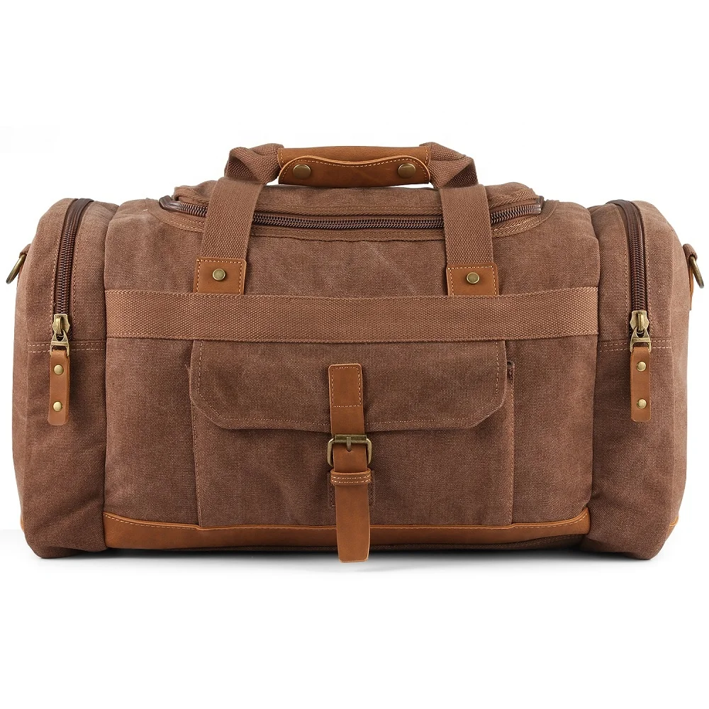 

Wholesale custom vintage canvas leather trim tote shoulder bag mens weekend travel sport duffel bags 2020