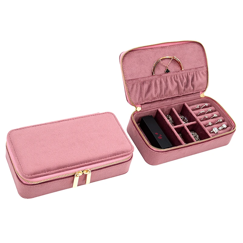 

Large Pink Velvet Leather Bangle Storage Case With Zipper Big Portable Earring Jewelry Box, Beige
