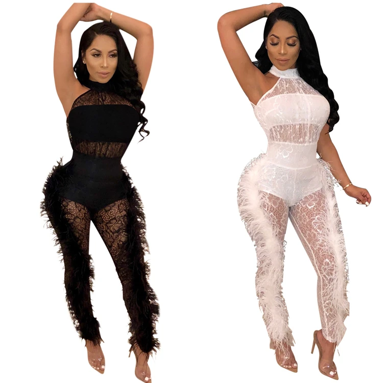 

Explosive European and American sexy jumpsuit solid color feathers sexy jumpsuits for club, Customized color/as show
