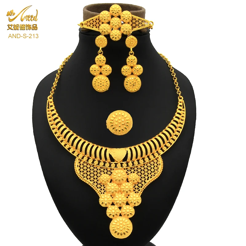 

4Pcs Fashion Jewellery Women Costom Wholesale Jewelry Gold Bridal Choker 18K 24K Dubai Jewelry Necklace Rings Set Women, 24k gold plated