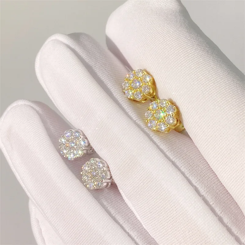 

Hip Hop Luxury Jewelry Classic s925 Sterling Silver Vermeil Moissanite Earring Iced Out VVS Diamond Clustered Studs Earrings