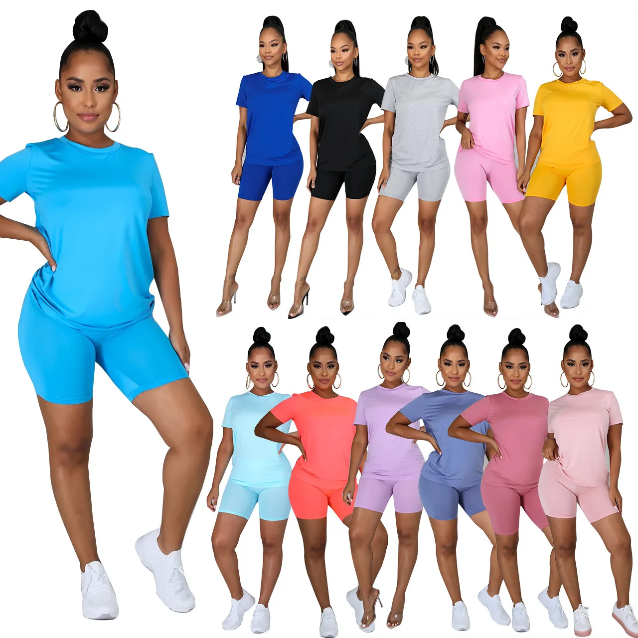 

Plus-size women's casual home solid color crew neck T-shirt shorts two pieces