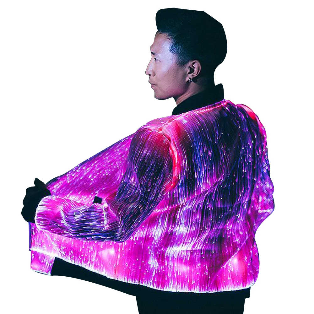 

Wholesale men custom Christmas led costume 7 color changeable glowing in the dark flashing light up fiber optic jacket