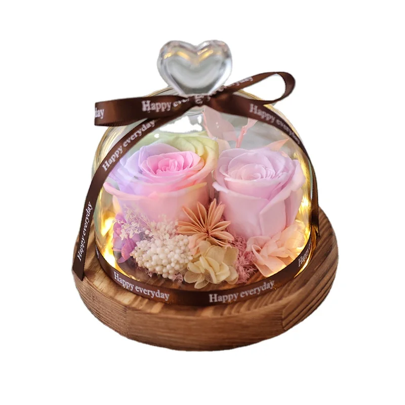 

Forever Rose Valentine romantic gift weddings decoration Lamp Fresh LED light eternal real preserved flower in glass dome