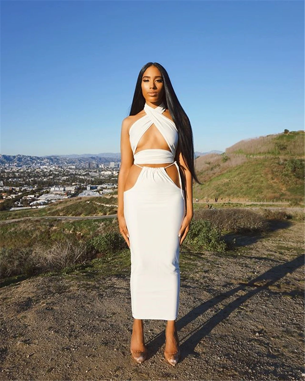 
8115 Clothing Sexy Straps Crop Top And Slit Maxi Skirt Casual Midi Dresses 