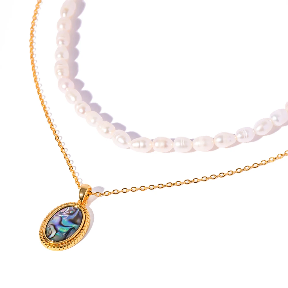 

New 18k Gold Plated Brass Double Layer Freshwater Pearl Oval Abalone Medallion Necklace for Girls
