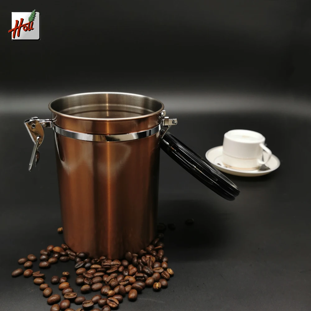 

HOU hot-sale Airtight Stainless Steel Coffee Beans Container, Gold