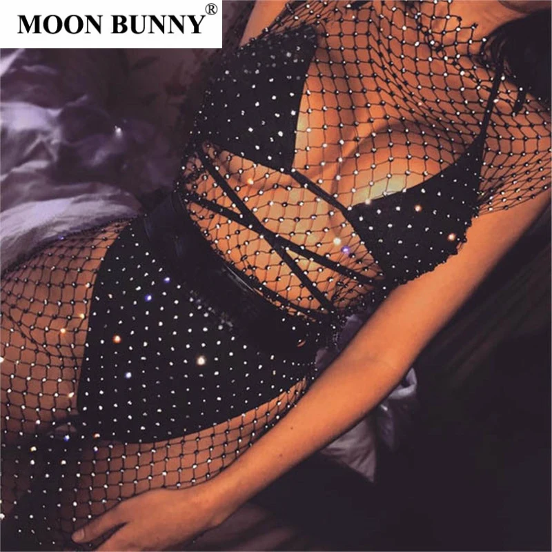 

Sexy Crystal Diamond Dress Women Hollow Out Rhinestone Bodycon Dress Summer Fishnet Mesh Beach Wear Party Vestidos