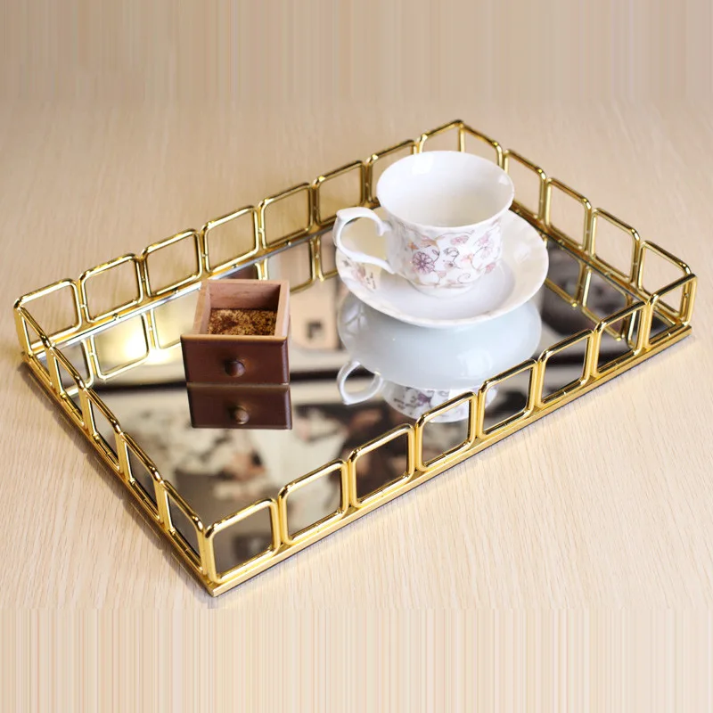 

European Minimalist Metal Mirror Rectangular Model Soft Gold Dressing Table Storage Tray Decoration