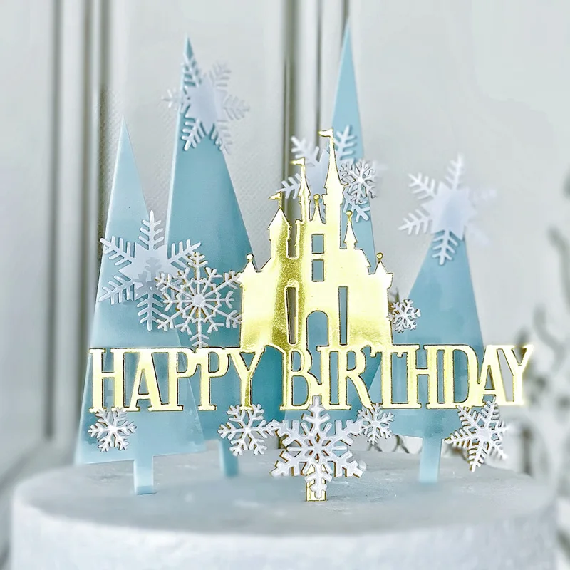 

Acrylic Cake Topper Castle HAPPY BIRTHDAY Cake Toppers Gold Silver Snowflake Cake Topper with Glitter