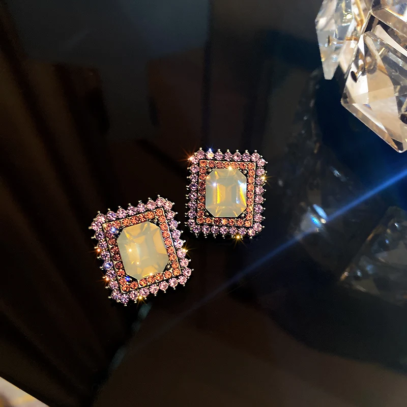 

fashion trendy square pink crystal earing colorful