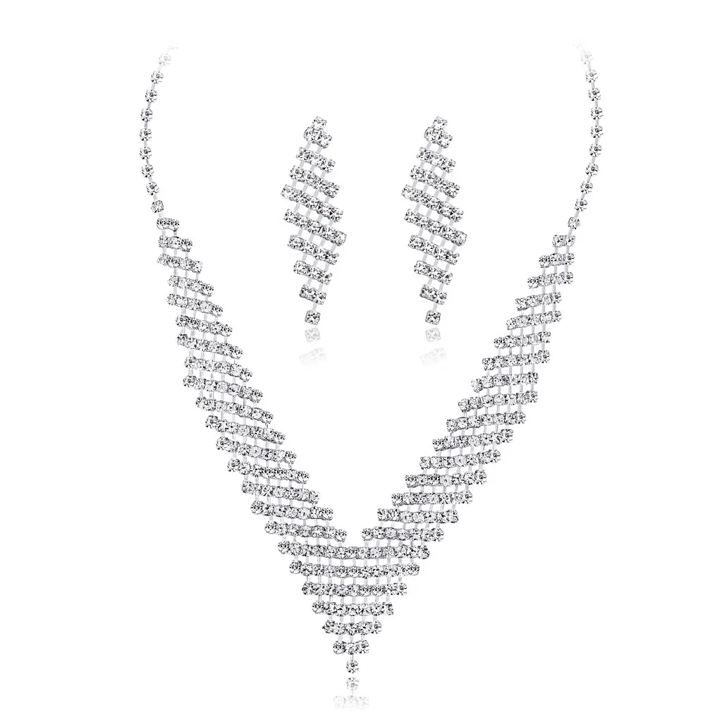 

designer charms cubic zirconia Cross-border bridal trendy Iced Out simple necklace and earring silver jewelry sets