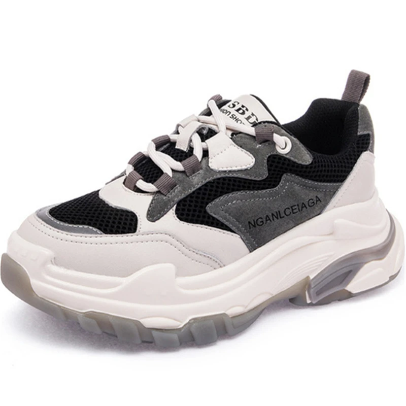 

Genuine Leather Breathable Mesh Sneakers Women Spring/Autumn 2021 Fashion White Shoes Lace-Up Running Round Toe Med Heel