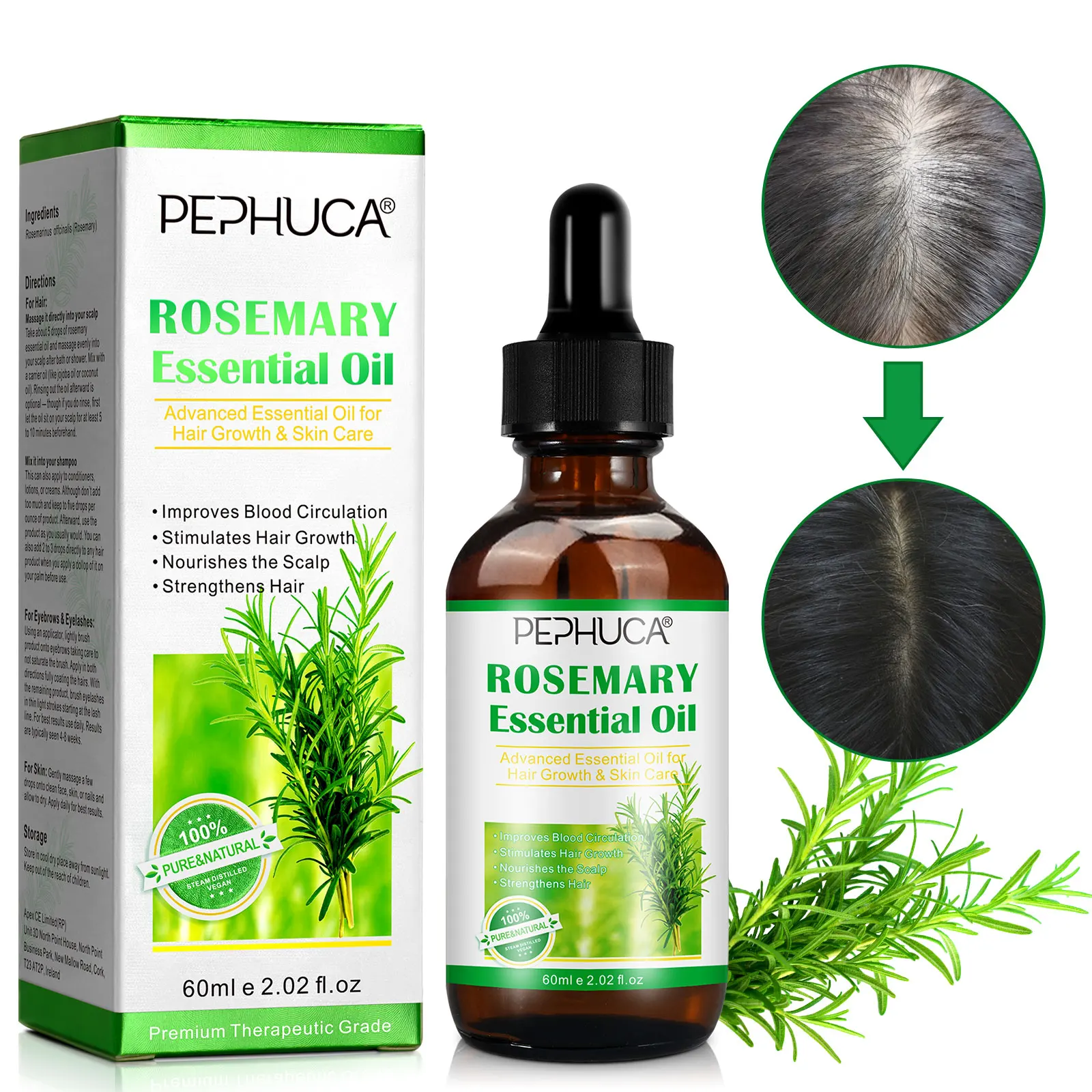 

100% Pure Cold Press Natural Organic Hair Growth Rosemary Essential Oil 60ml for Hair Loss