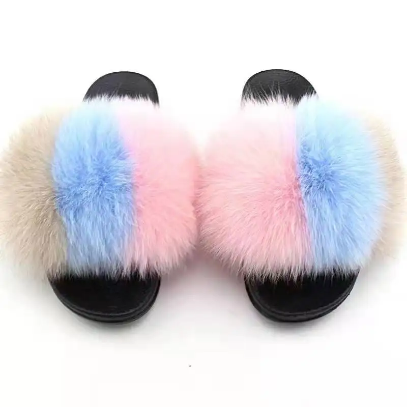 

Factory outdoor fox fur slipper fashion comfortable fur slide sandal indoor woman real fur slippers, Customized color