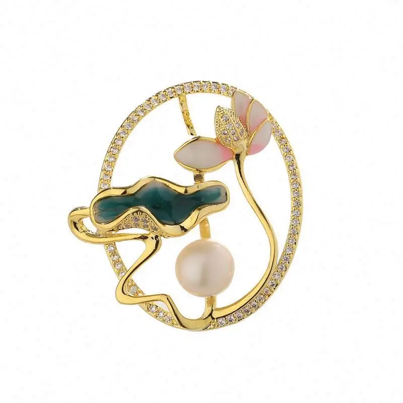 

New Arrival Copper Material High Quality Rhinestone Flower Brooch with Pearl