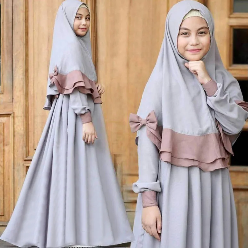 

Arab Girls clothing Long sleeve Muslim Dress + hijab Two-piece Turban children's clothing