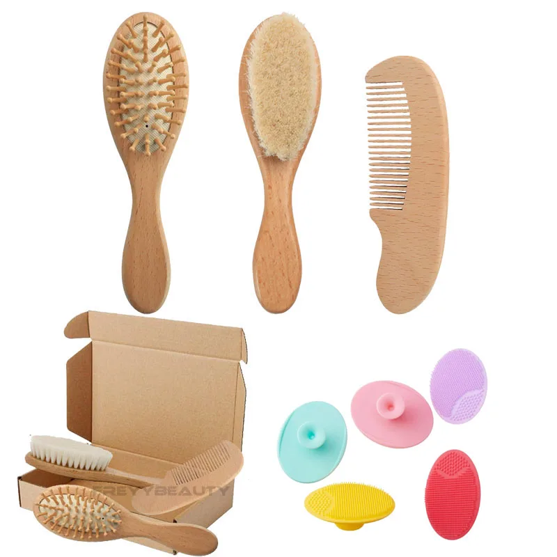 

4 Piece Wooden Baby Hair Brush and Comb Set with Box Natural Goat Bristles Brush for Infant Cradle Cap Treatment