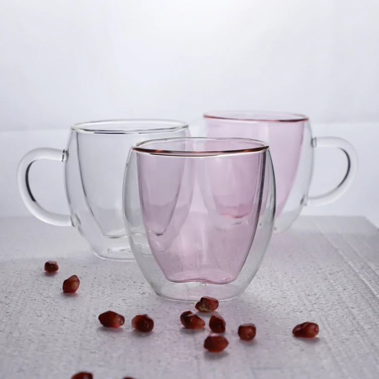 

Heart Shaped Double Wall Insulated Clear Glass Tea and Coffee Cup With Handle, Teal,transparent black,jade white,ect.