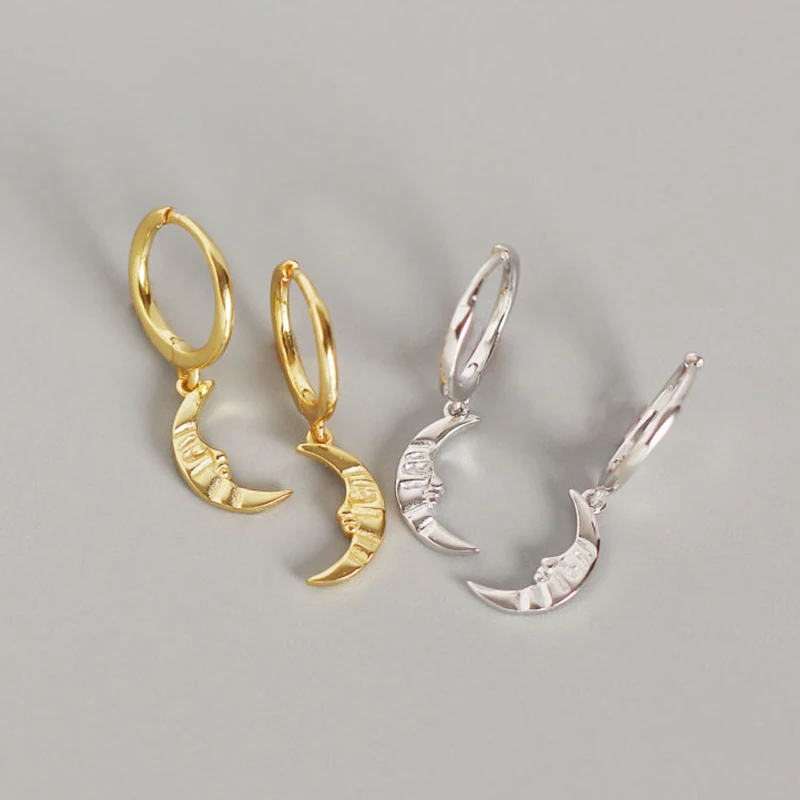 Baroque Style Textured Moon Geometric Earrings 925 Sterling Silver Earrings for Women Mini Hoop Earrings, Gold/silver