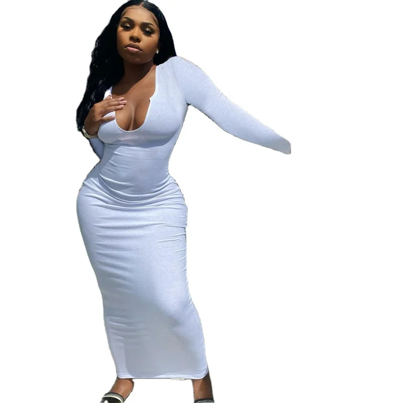 

2021 New Arrival Hot selling Women v neck long sleeve fashion slim ladies casual dresses