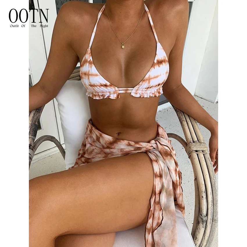 

OOTN Beachwear Swimming Biquini New Women Print Long Sleeve Bathing Suit High Waist 3 Piece Bikini Set With Cover Up 2022 Swimsu