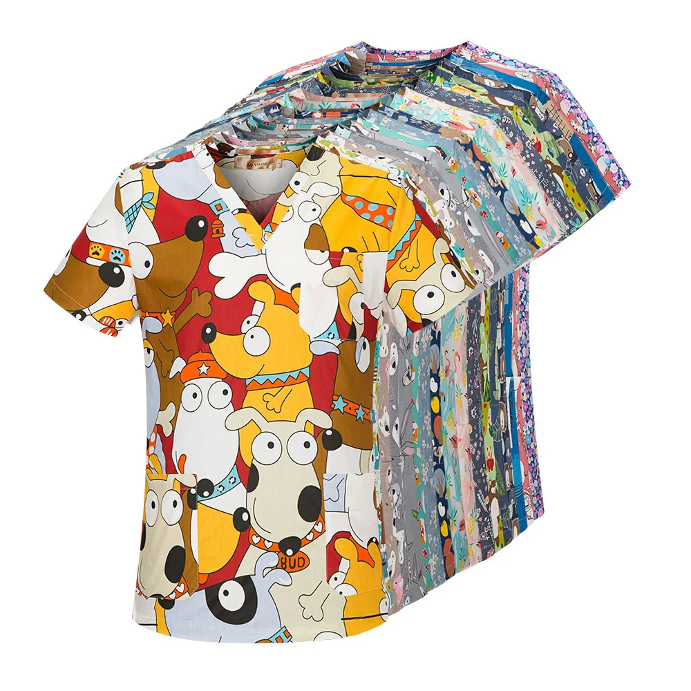 

Unisex Women medical scrub tops 100% cotton women scrub tops women medical uniforms scrubs Dentist Pet grooming working clothes, Black white blue green purple pink red