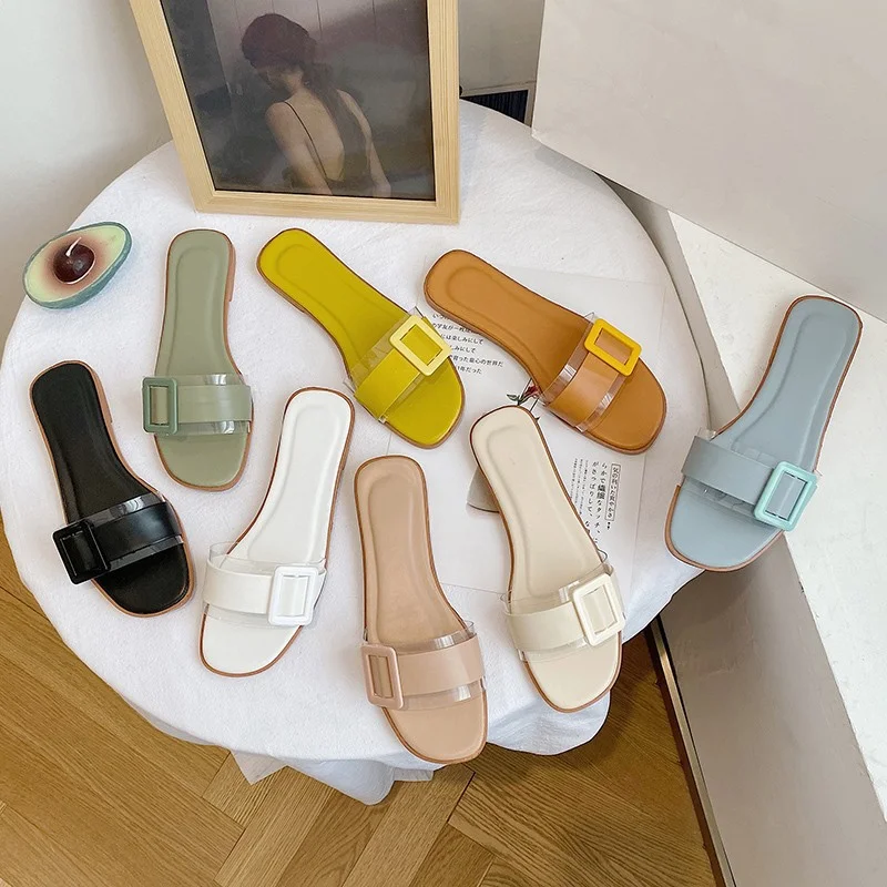 

Simple transparent button with flat slippers sandals zj5555, 8 color