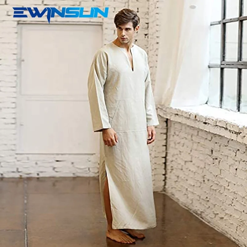 

Hot selling men thobe with cotton and linen material V neck long sleeves muslim causal islamic dubai men's robe