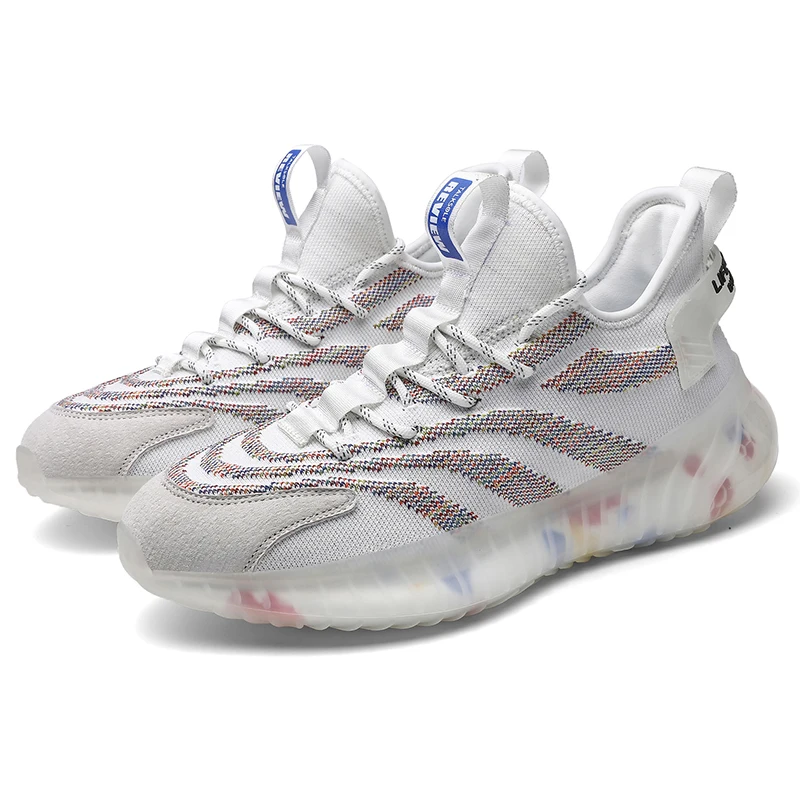 

2021New Trendy Fly Knitting Upper Breathable Sport Shoes Men Casual Sneakers Fashion Shoes, White black beige