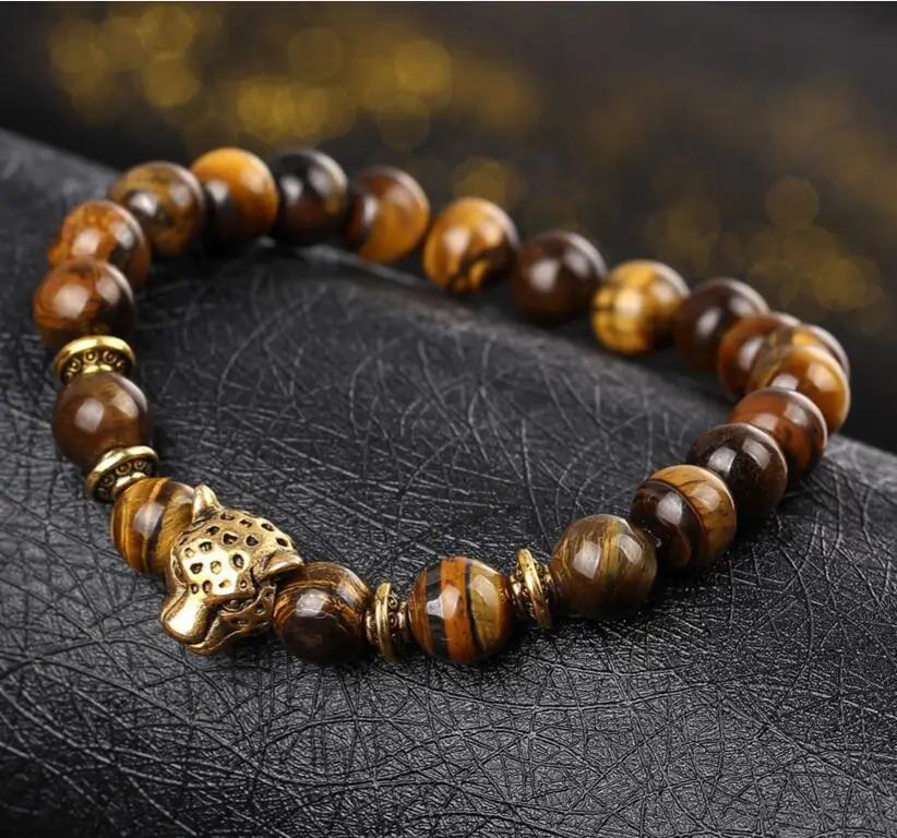 

Men bracelet Natural stone tiger eye bead bracelet handmade jewelry Leopard head bead elastic charm bracelet